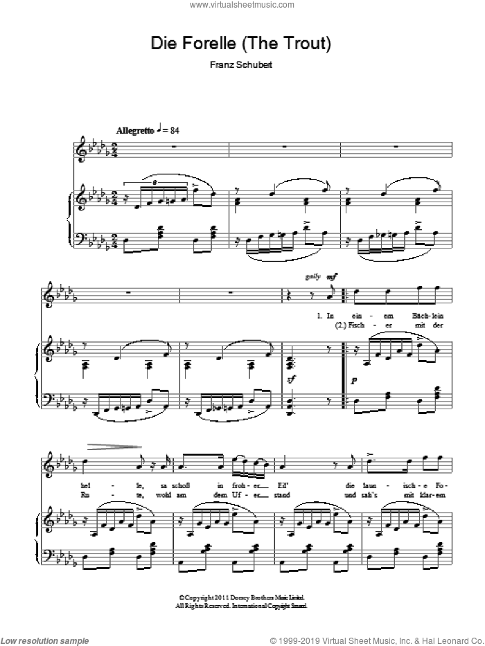 Theme From The Trout Quintet (Die Forelle) sheet music for voice and piano by Franz Schubert, classical score, intermediate skill level