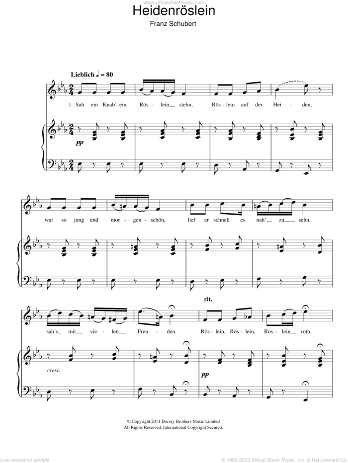 Heidenroslein sheet music for voice and piano by Franz Schubert, classical score, intermediate skill level