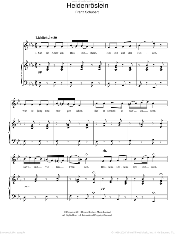 Heidenroslein sheet music for voice and piano by Franz Schubert, classical score, intermediate skill level