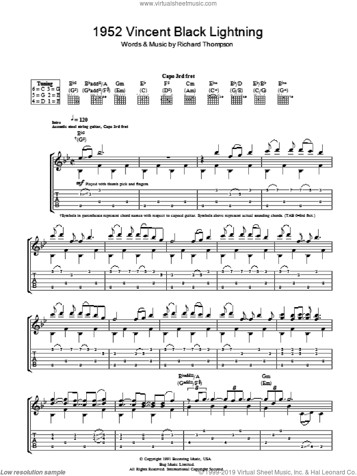 1952 Vincent Black Lightning sheet music for guitar (tablature) by Richard Thompson, intermediate skill level