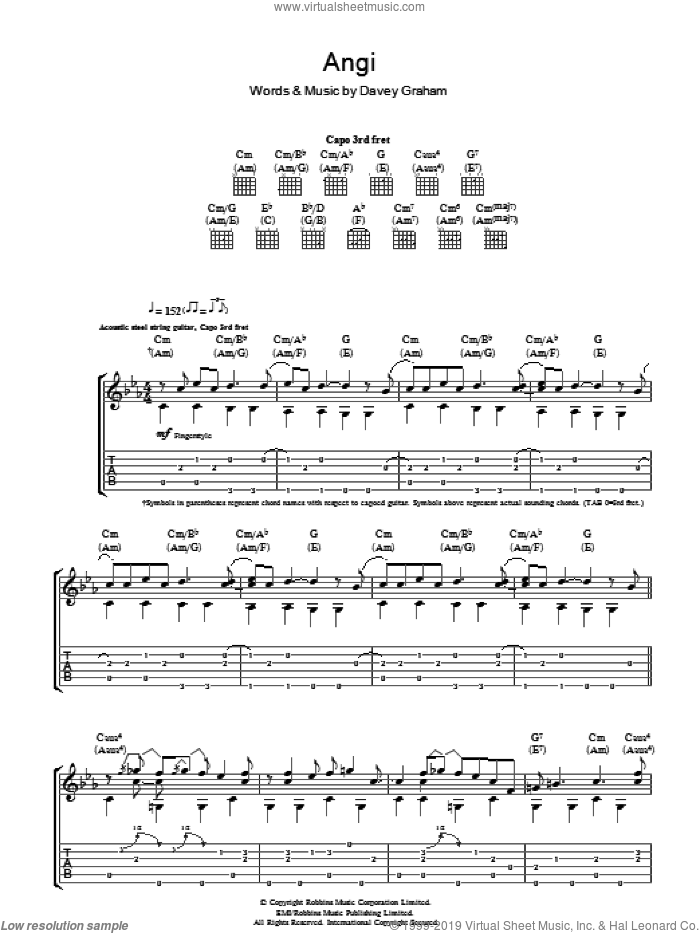 Angi sheet music for guitar (tablature) by Davey Graham, intermediate skill level
