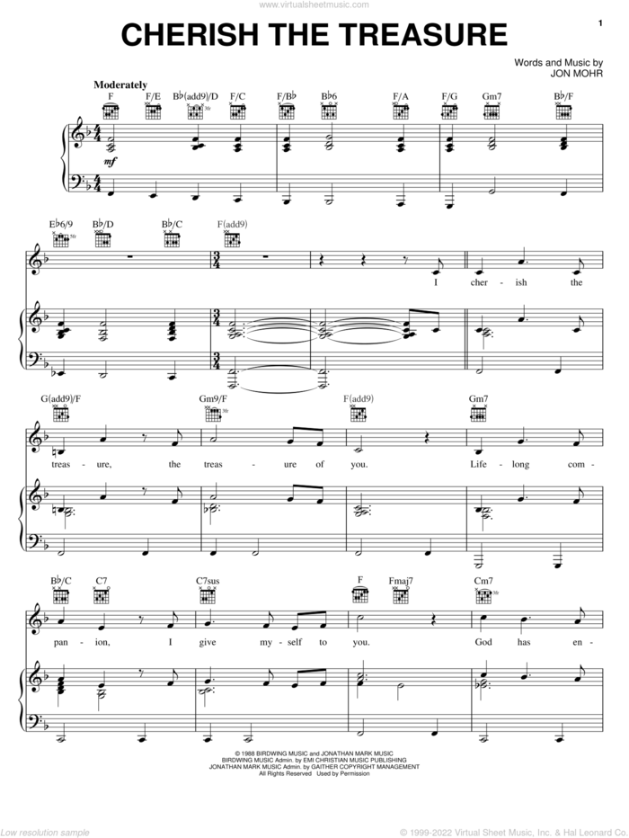 Cherish The Treasure sheet music for voice, piano or guitar by Steve Green and Jon Mohr, wedding score, intermediate skill level