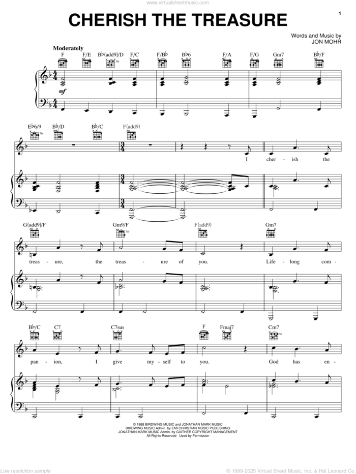 Cherish The Treasure sheet music for voice, piano or guitar by Steve Green and Jon Mohr, wedding score, intermediate skill level