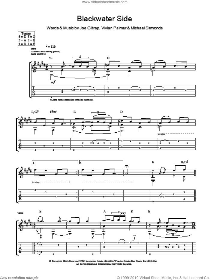 Blackwater Side sheet music for guitar (tablature) by Gordon Giltrap, Joe Giltrap, Michael Simmonds and Vivian Palmer, intermediate skill level
