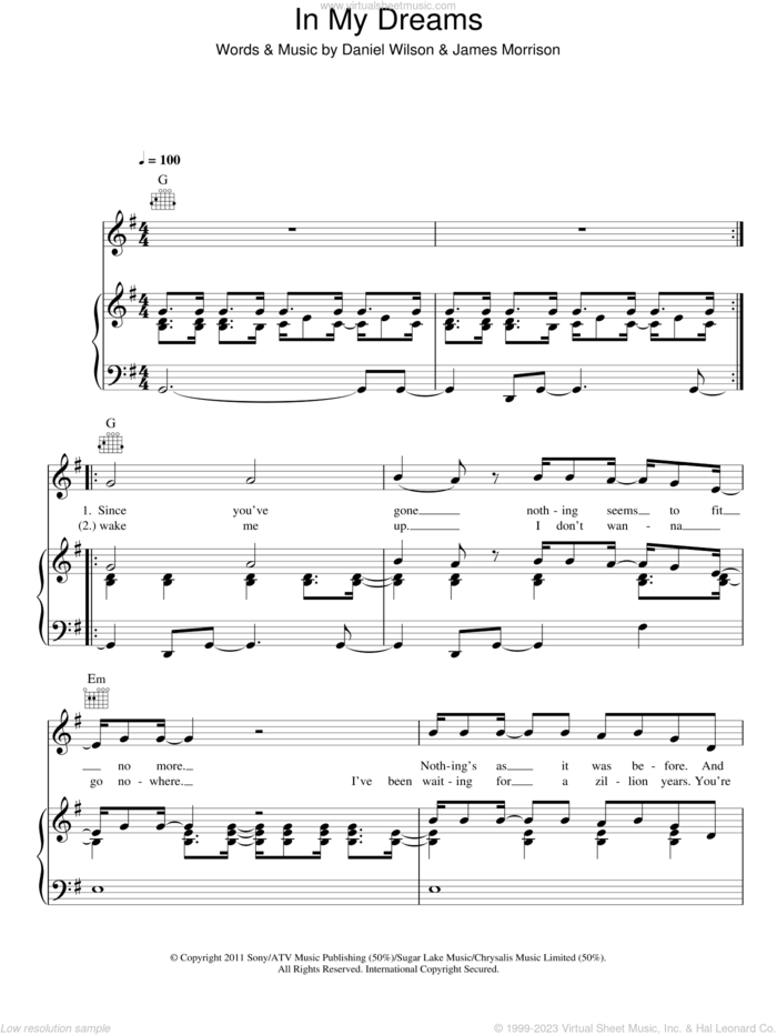 In My Dreams sheet music for voice, piano or guitar by James Morrison and Dan Wilson, intermediate skill level