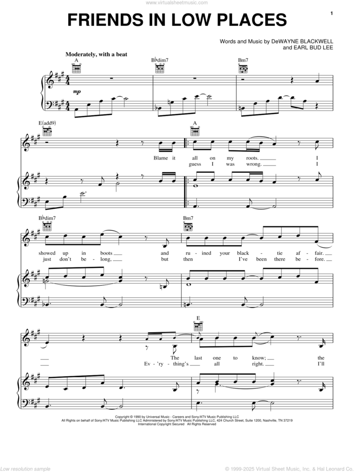 Friends In Low Places sheet music for voice, piano or guitar by Garth Brooks, DeWayne Blackwell and Earl Bud Lee, intermediate skill level