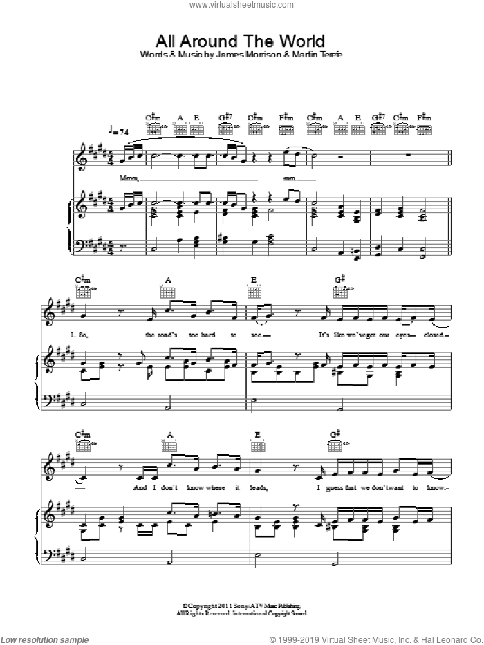 All Around The World sheet music for voice, piano or guitar by James Morrison and Martin Terefe, intermediate skill level