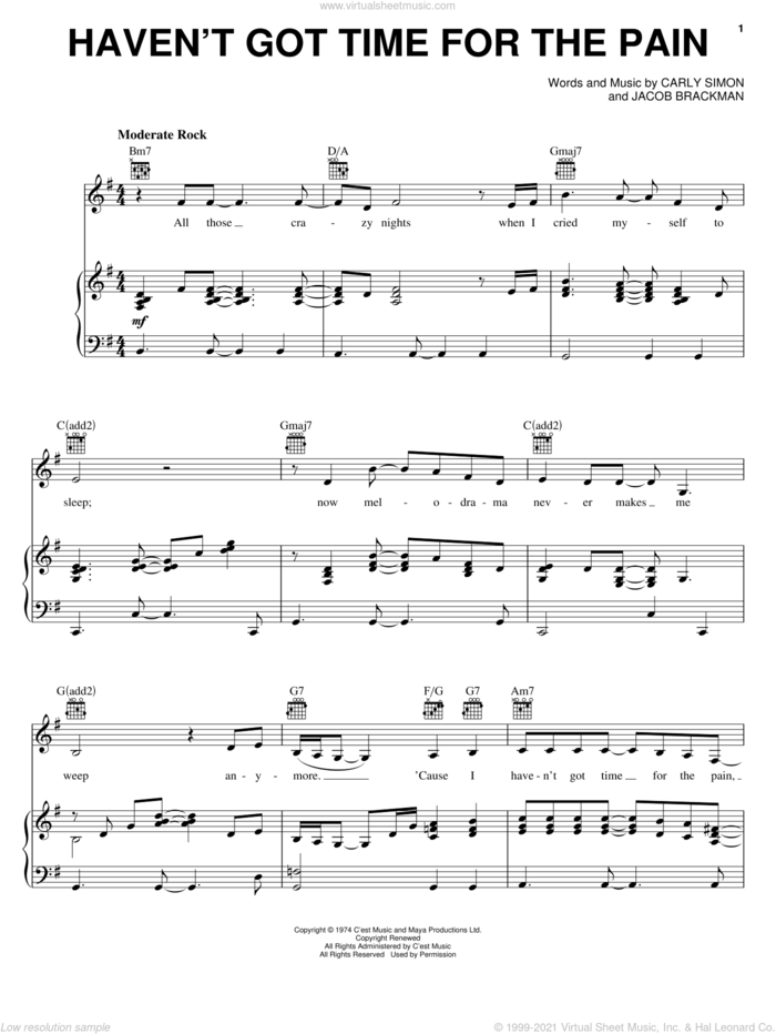 Haven't Got Time For The Pain sheet music for voice, piano or guitar by Carly Simon and Jacob Brackman, intermediate skill level