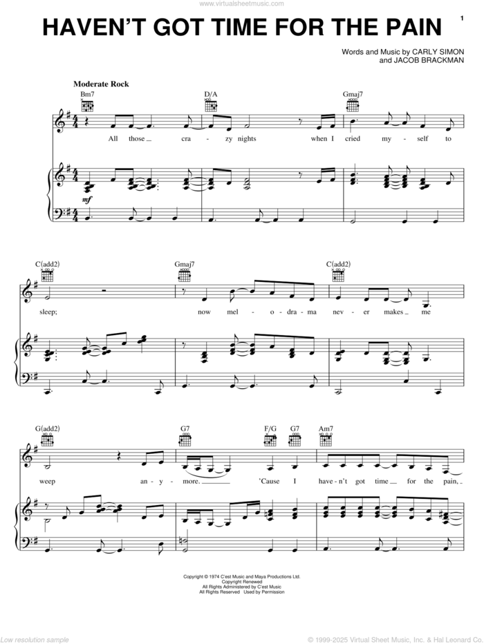 Haven't Got Time For The Pain sheet music for voice, piano or guitar by Carly Simon and Jacob Brackman, intermediate skill level