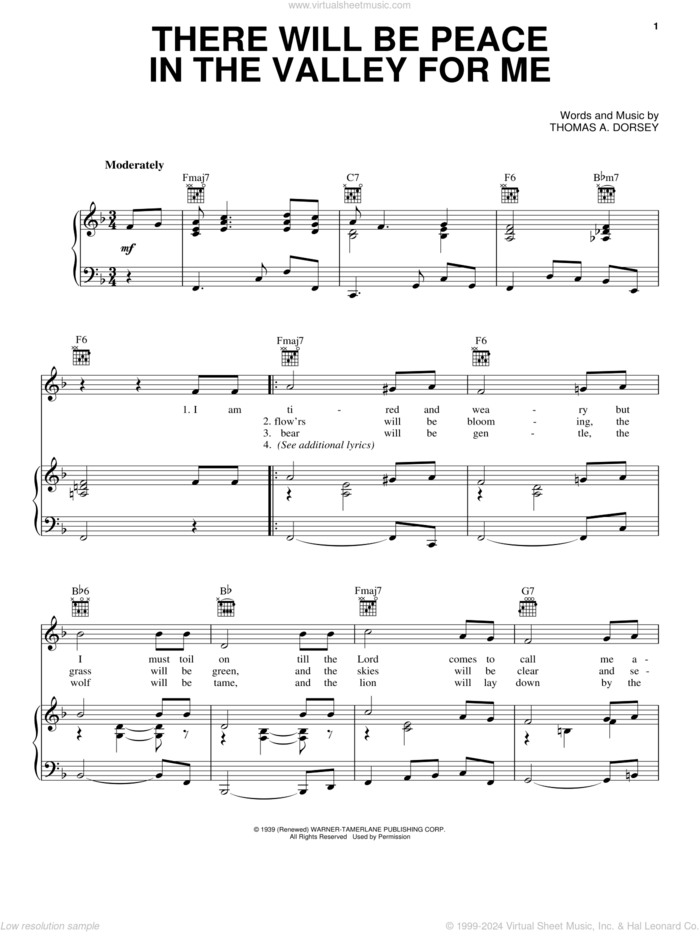 (There'll Be) Peace In The Valley (For Me) sheet music for voice, piano or guitar by Elvis Presley and Tommy Dorsey, intermediate skill level