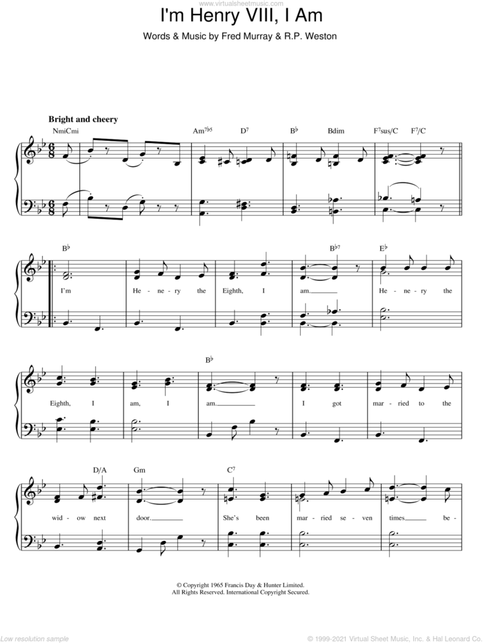 I'm Henry VIII, I Am sheet music for voice and piano by Herman's Hermits, Fred Murray and R.P. Weston, intermediate skill level