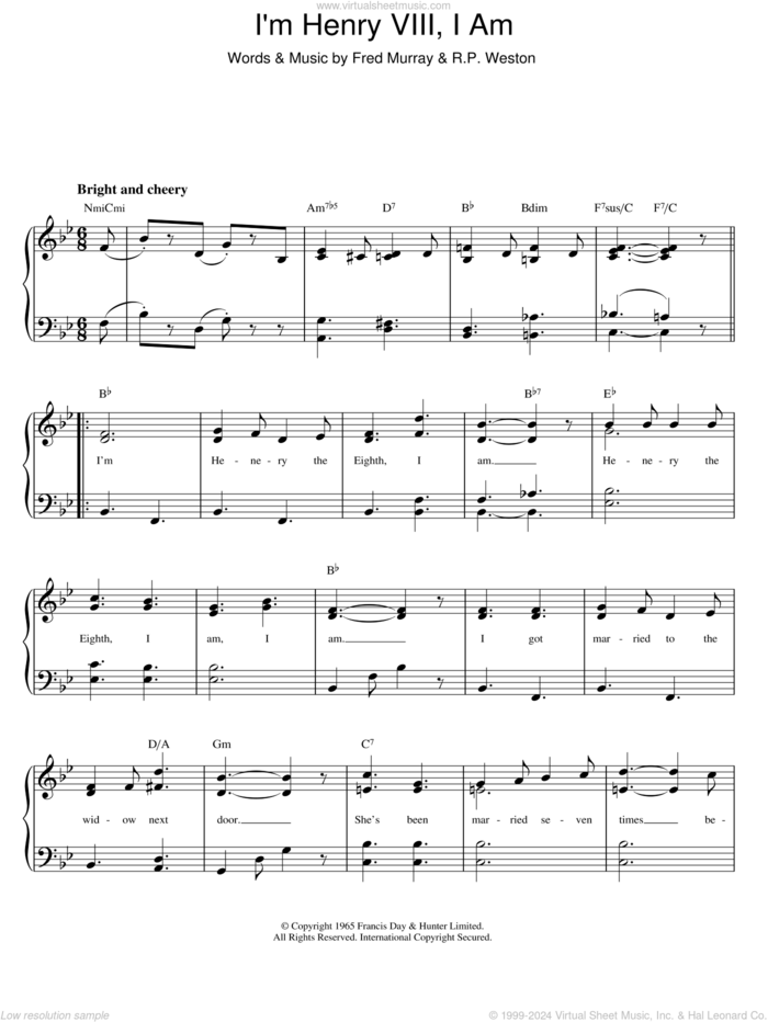 I'm Henry VIII, I Am sheet music for voice and piano by Herman's Hermits, Fred Murray and R.P. Weston, intermediate skill level