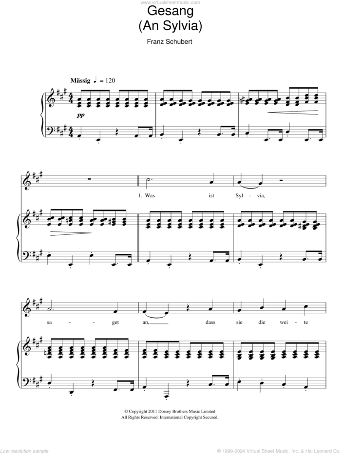 Gesang An Sylvia sheet music for voice and piano by Franz Schubert, classical score, intermediate skill level