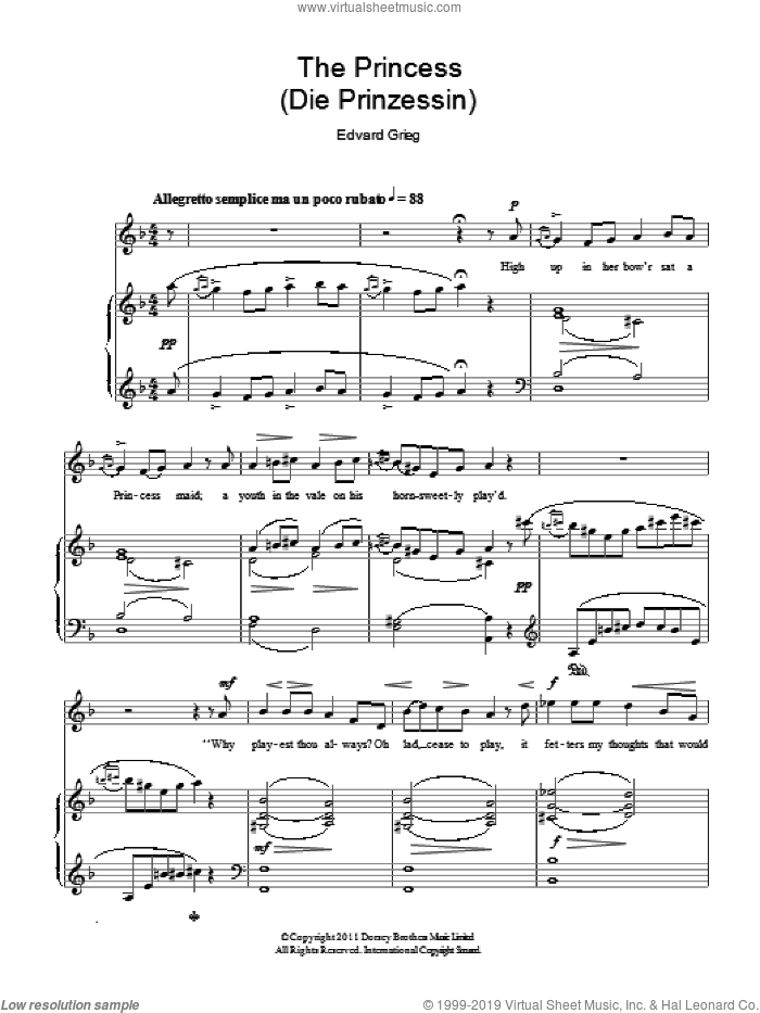 The Princess (Die Prinzessin) sheet music for voice and piano by Edvard Grieg, classical score, intermediate skill level