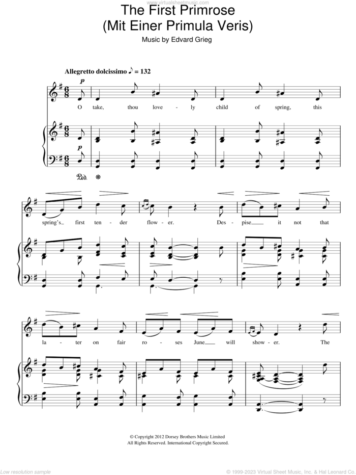 The First Primrose (Mit Einer Primula Veris) sheet music for voice and piano by Edvard Grieg, classical score, intermediate skill level