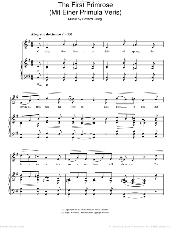 The First Primrose (Mit Einer Primula Veris) sheet music for voice and piano by Edvard Grieg, classical score, intermediate skill level