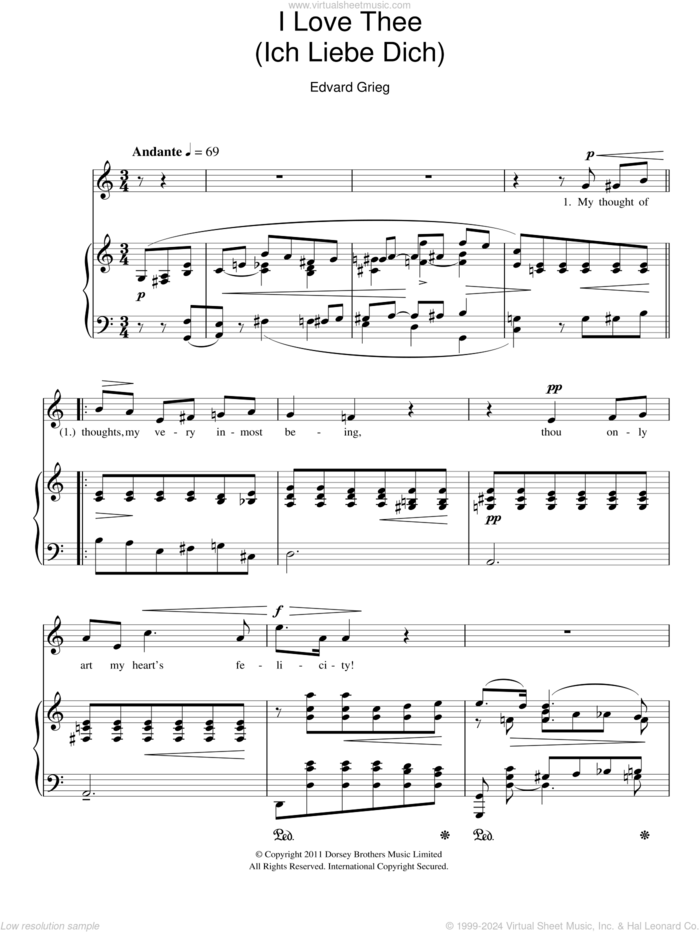 I Love Thee (Ich Liebe Dich) sheet music for voice and piano by Edvard Grieg, classical score, intermediate skill level