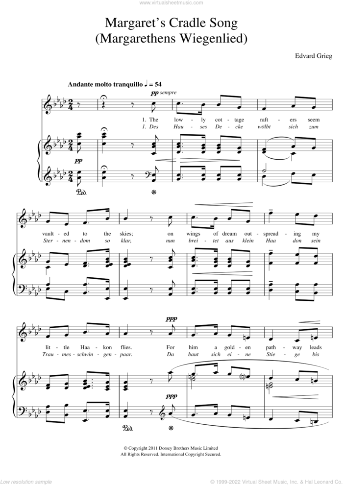 Margaret's Cradle Song (Margarethens Wiegenlied) sheet music for voice and piano by Edvard Grieg, classical score, intermediate skill level