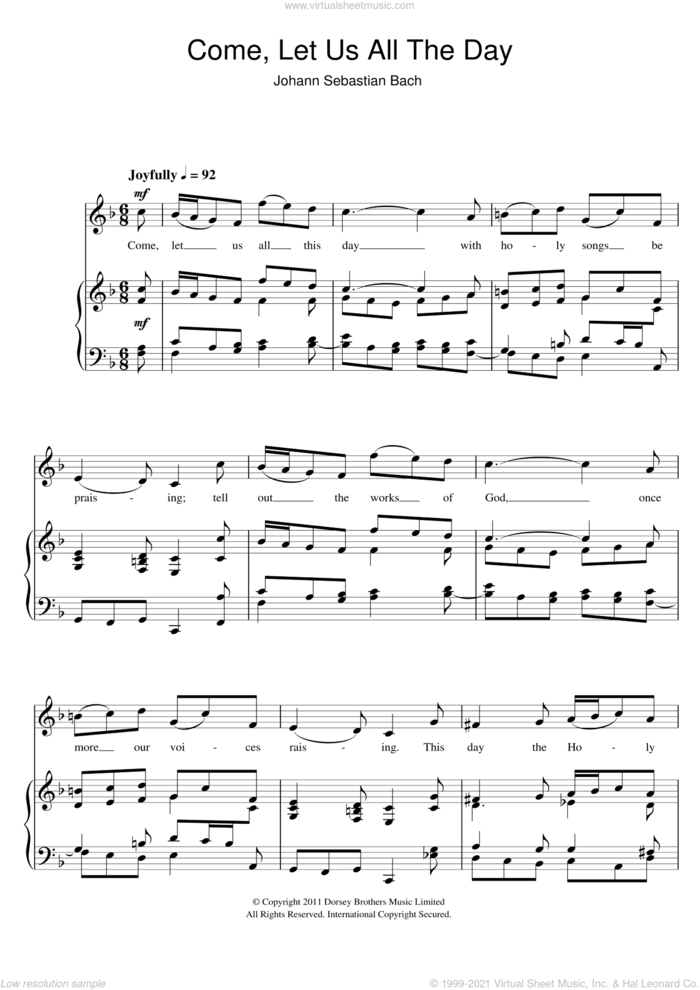 Come, Let Us All The Day sheet music for voice and piano by Johann Sebastian Bach, classical score, intermediate skill level