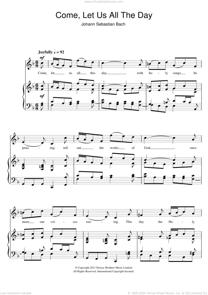 Come, Let Us All The Day sheet music for voice and piano by Johann Sebastian Bach, classical score, intermediate skill level