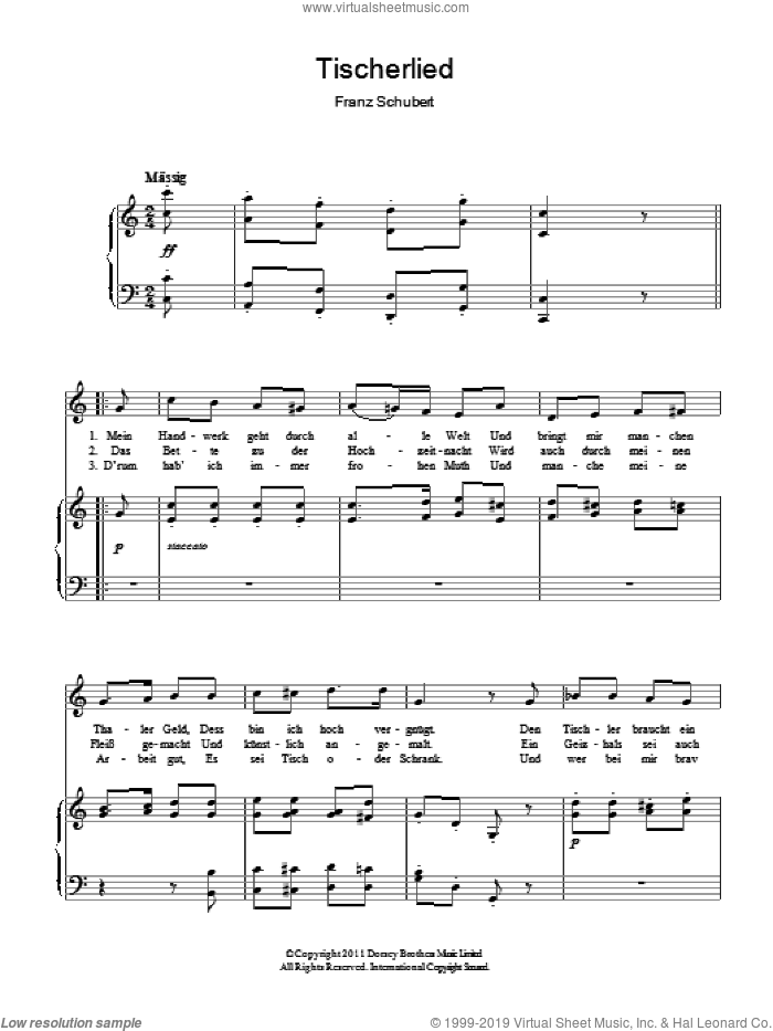 Tischlerlied sheet music for voice and piano by Franz Schubert, classical score, intermediate skill level