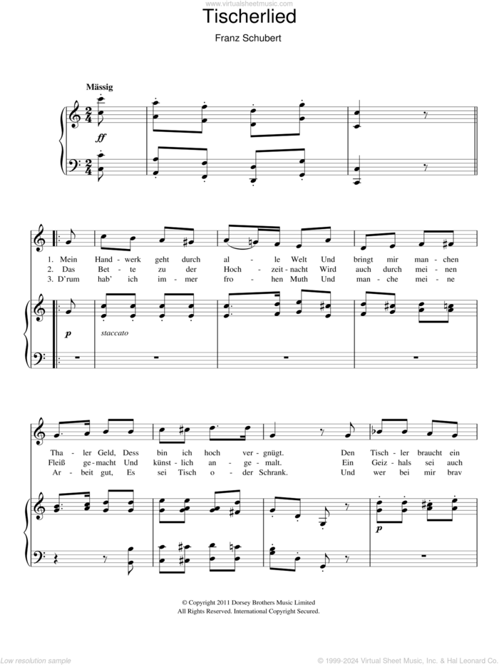 Tischlerlied sheet music for voice and piano by Franz Schubert, classical score, intermediate skill level