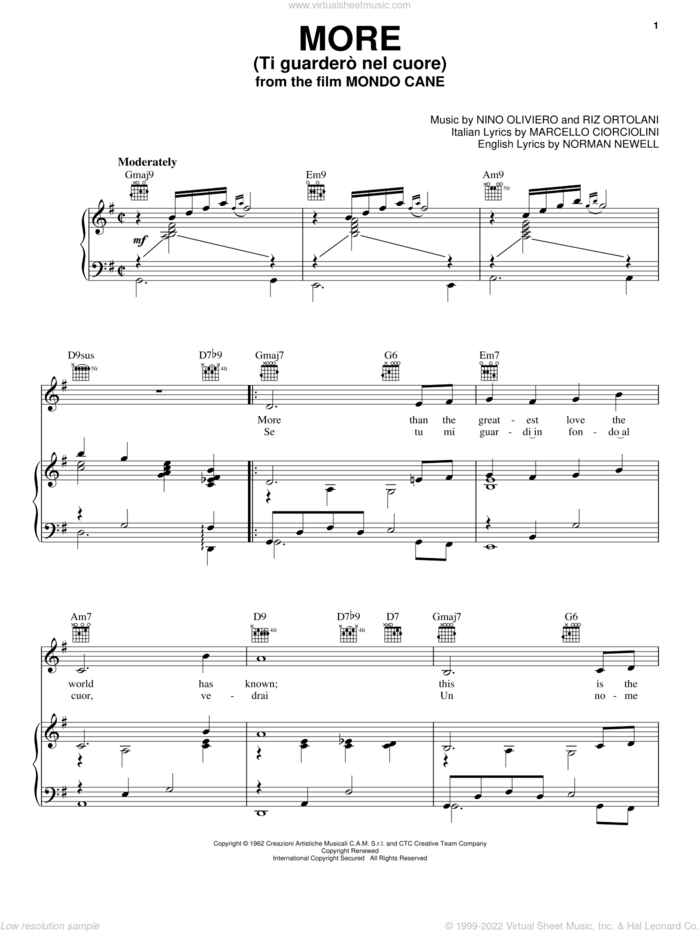 More (Ti Guardero Nel Cuore) sheet music for voice, piano or guitar by Marcello Ciorciolini, Bobby Darin, Nino Oliviero, Norman Newell and Riz Ortolani, intermediate skill level