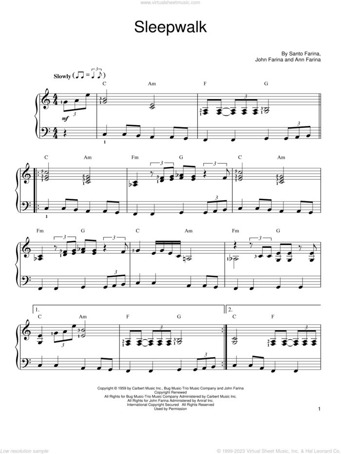 Sleepwalk, (easy) sheet music for piano solo by Santo & Johnny, Ann Farina, John Farina and Santo Farina, easy skill level