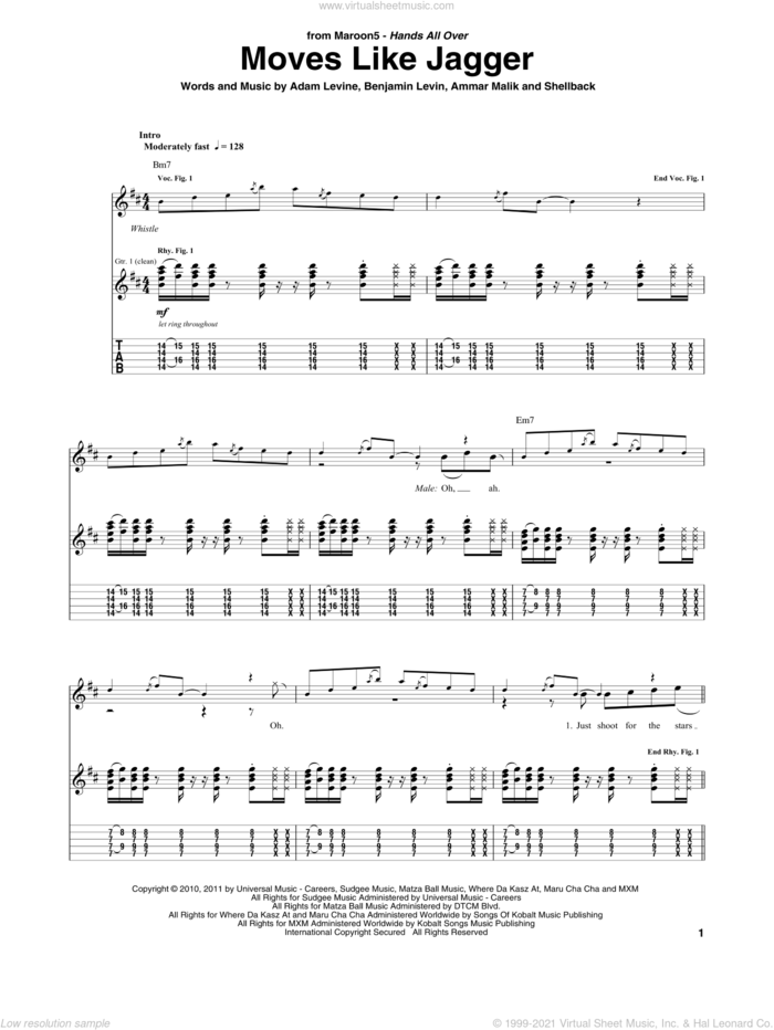 Moves Like Jagger (feat. Christina Aguilera) sheet music for guitar (tablature) by Maroon 5 featuring Christina Aguilera, Christina Aguilera, Maroon 5, Adam Levine, Ammar Malk, Benjamin Levin and Johan Schuster, intermediate skill level