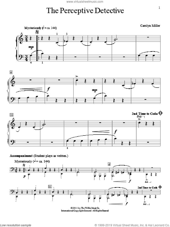 The Perceptive Detective sheet music for piano solo (elementary) by Carolyn Miller, beginner piano (elementary)