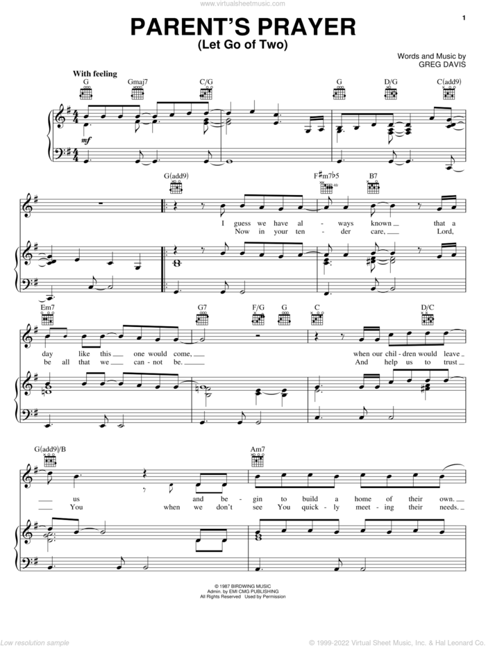 Parent's Prayer (Let Go Of Two) sheet music for voice, piano or guitar by Greg Davis and Steven Curtis Chapman, wedding score, intermediate skill level