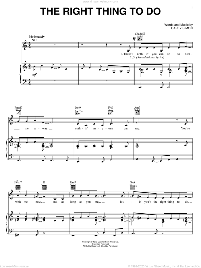 The Right Thing To Do sheet music for voice, piano or guitar by Carly Simon, intermediate skill level