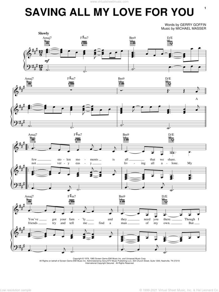Saving All My Love For You sheet music for voice, piano or guitar by Whitney Houston, Gerry Goffin and Michael Masser, wedding score, intermediate skill level