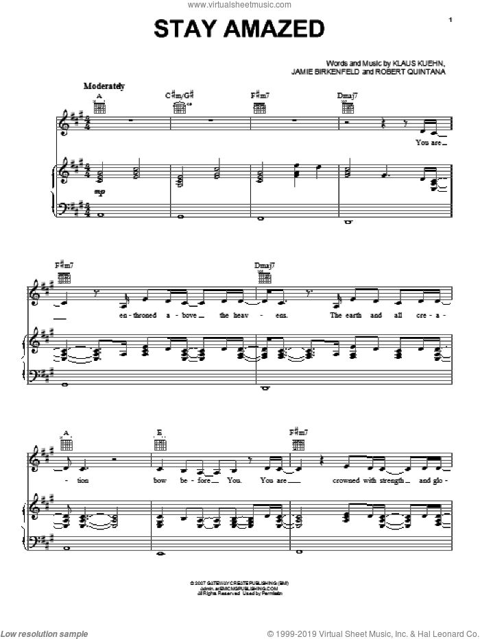 Stay Amazed sheet music for voice, piano or guitar by Robert Quintana, Jamie Birkenfeld and Klaus Kuehn, intermediate skill level