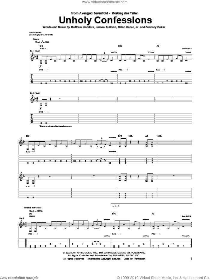 Unholy Confessions sheet music for guitar (tablature) by Avenged Sevenfold, Brian Haner, Jr., James Sullivan, Matthew Sanders and Zachary Baker, intermediate skill level