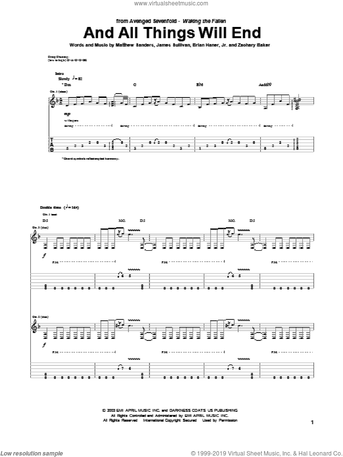And All Things Will End sheet music for guitar (tablature) by Avenged Sevenfold, Brian Haner, Jr., James Sullivan, Matthew Sanders and Zachary Baker, intermediate skill level