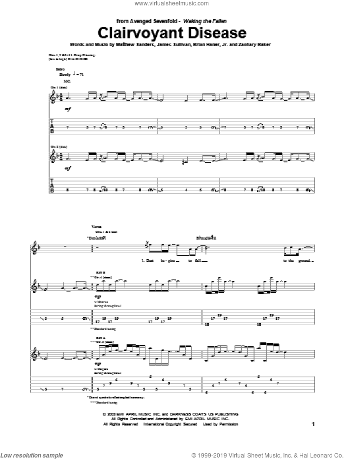 Clairvoyant Disease sheet music for guitar (tablature) by Avenged Sevenfold, Brian Haner, Jr., James Sullivan, Matthew Sanders and Zachary Baker, intermediate skill level