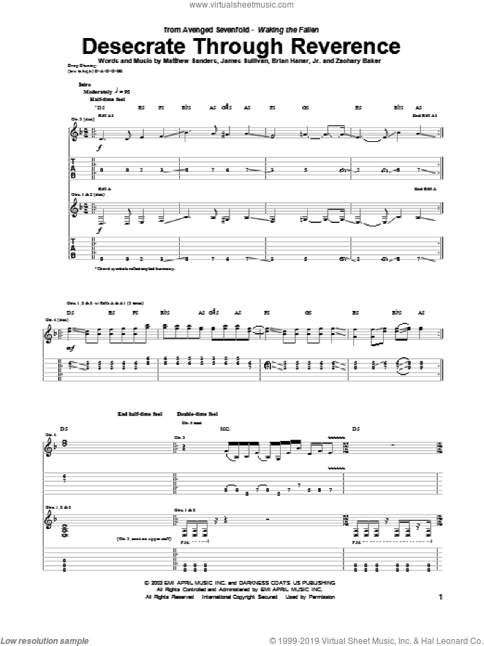 Desecrate Through Reverance sheet music for guitar (tablature) by Avenged Sevenfold, Brian Haner, Jr., James Sullivan, Matthew Sanders and Zachary Baker, intermediate skill level