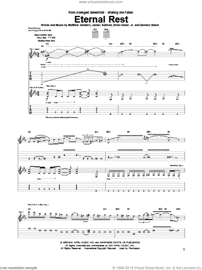 Eternal Rest sheet music for guitar (tablature) by Avenged Sevenfold, Brian Haner, Jr., James Sullivan, Matthew Sanders and Zachary Baker, intermediate skill level