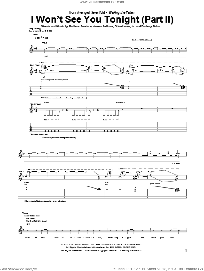 I Won't See You Tonight (Part II) sheet music for guitar (tablature) by Avenged Sevenfold, Brian Haner, Jr., James Sullivan, Matthew Sanders and Zachary Baker, intermediate skill level