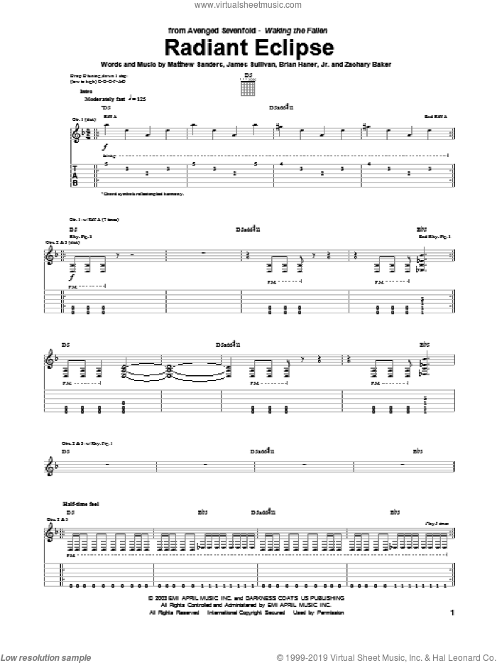 Radiant Eclipse sheet music for guitar (tablature) by Avenged Sevenfold, Brian Haner, Jr., James Sullivan, Matthew Sanders and Zachary Baker, intermediate skill level