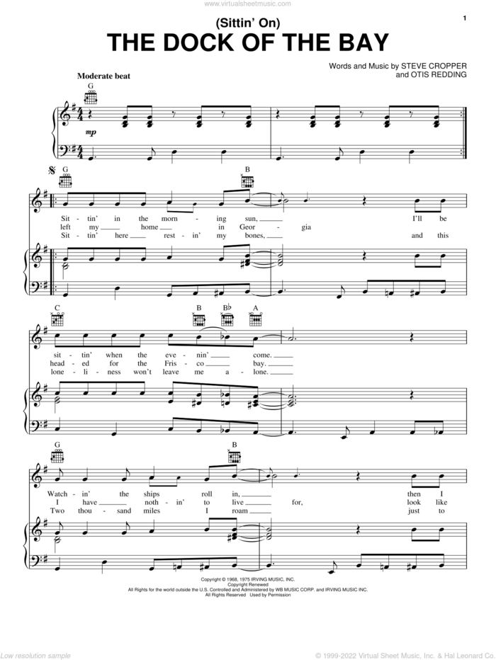 (Sittin' On) The Dock Of The Bay sheet music for voice, piano or guitar by Otis Redding, Michael Bolton and Steve Cropper, intermediate skill level