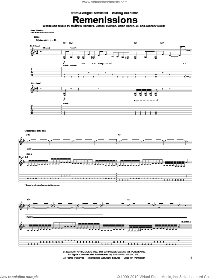 Remenissions sheet music for guitar (tablature) by Avenged Sevenfold, Brian Haner, Jr., James Sullivan, Matthew Sanders and Zachary Baker, intermediate skill level