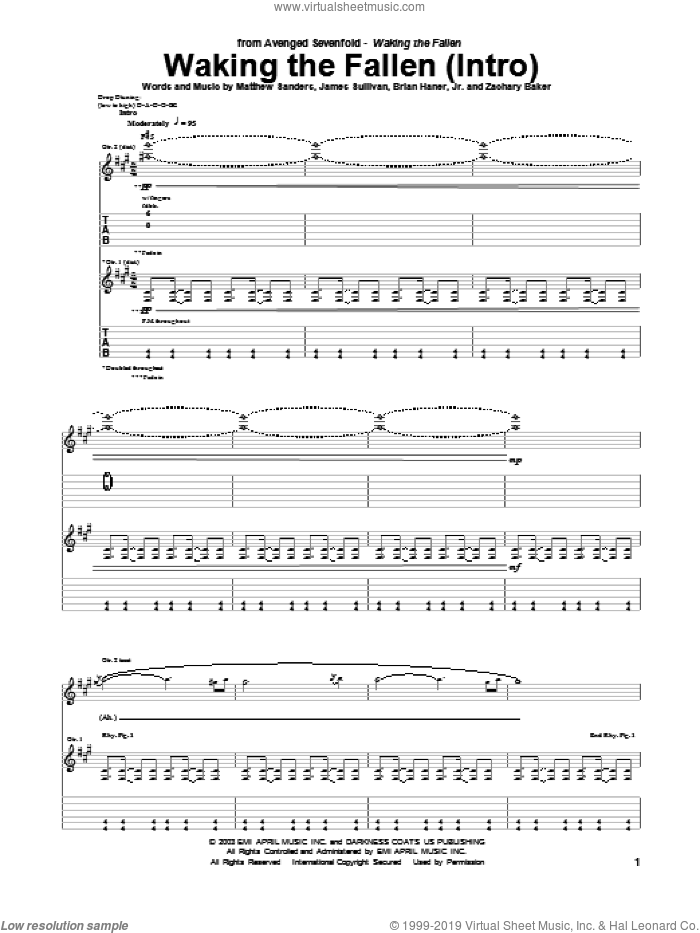 Waking The Fallen (Intro) sheet music for guitar (tablature) by Avenged Sevenfold, Brian Haner, Jr., James Sullivan, Matthew Sanders and Zachary Baker, intermediate skill level
