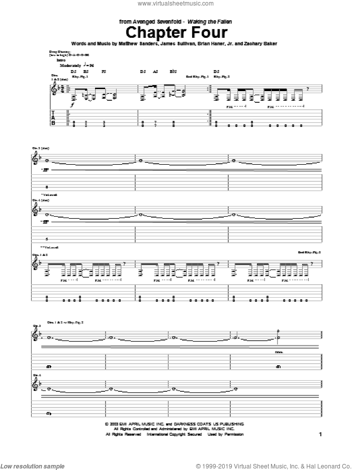 Chapter Four sheet music for guitar (tablature) by Avenged Sevenfold, Brian Haner, Jr., James Sullivan, Matthew Sanders and Zachary Baker, intermediate skill level