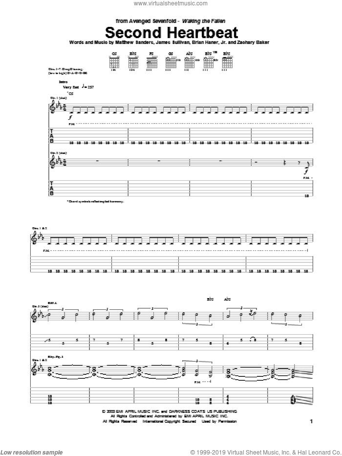 Second Heartbeat sheet music for guitar (tablature) by Avenged Sevenfold, Brian Haner, Jr., James Sullivan, Matthew Sanders and Zachary Baker, intermediate skill level