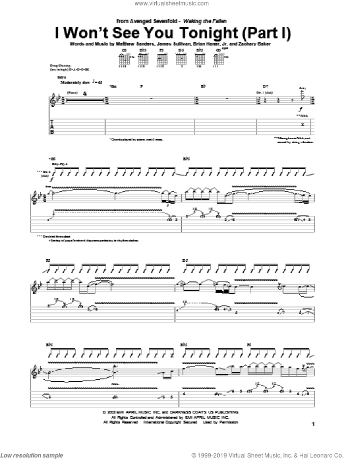 I Won't See You Tonight (Part I) sheet music for guitar (tablature) by Avenged Sevenfold, Brian Haner, Jr., James Sullivan, Matthew Sanders and Zachary Baker, intermediate skill level