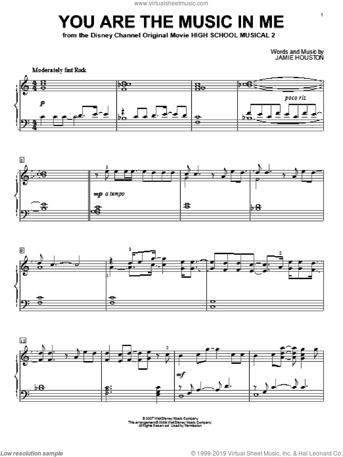 You Are The Music In Me (from High School Musical 2), (intermediate) sheet music for piano solo by Jamie Houston, High School Musical 2 and Zac Efron and Vanessa Anne Hudgens, intermediate skill level