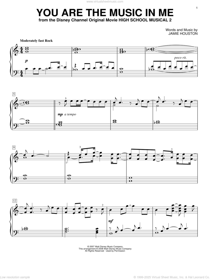 You Are The Music In Me (from High School Musical 2), (intermediate) sheet music for piano solo by Jamie Houston, High School Musical 2 and Zac Efron and Vanessa Anne Hudgens, intermediate skill level