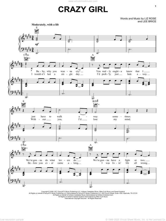 Crazy Girl sheet music for voice, piano or guitar by Eli Young Band, Lee Brice and Liz Rose, intermediate skill level